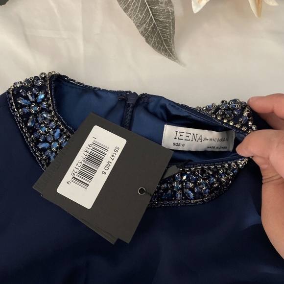 NWT $338 leena for Mac‎ Duggal [ 8 ] Embellished High Neck Pleated Gown Blue - Picture 6 of 15